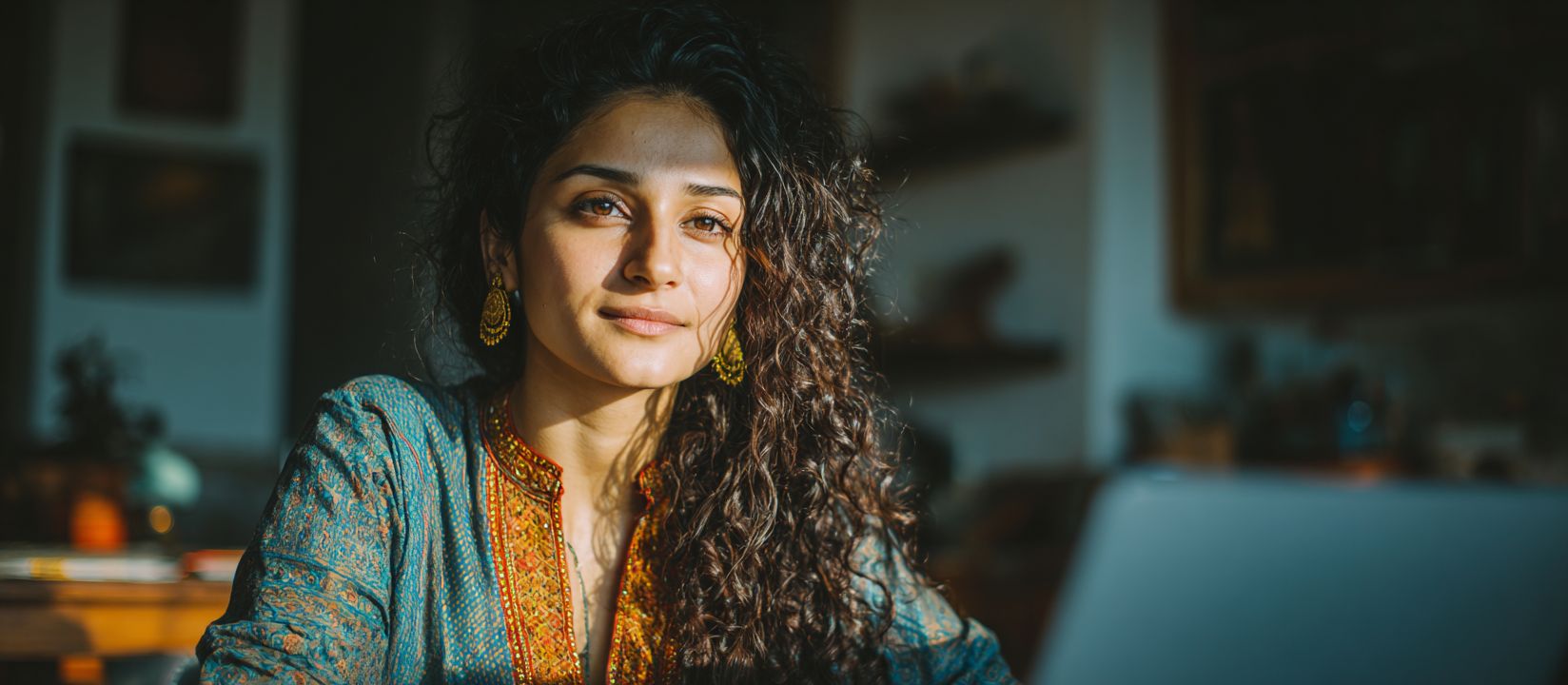 Confident woman using laptop in warm light for 7G777 Aviator game