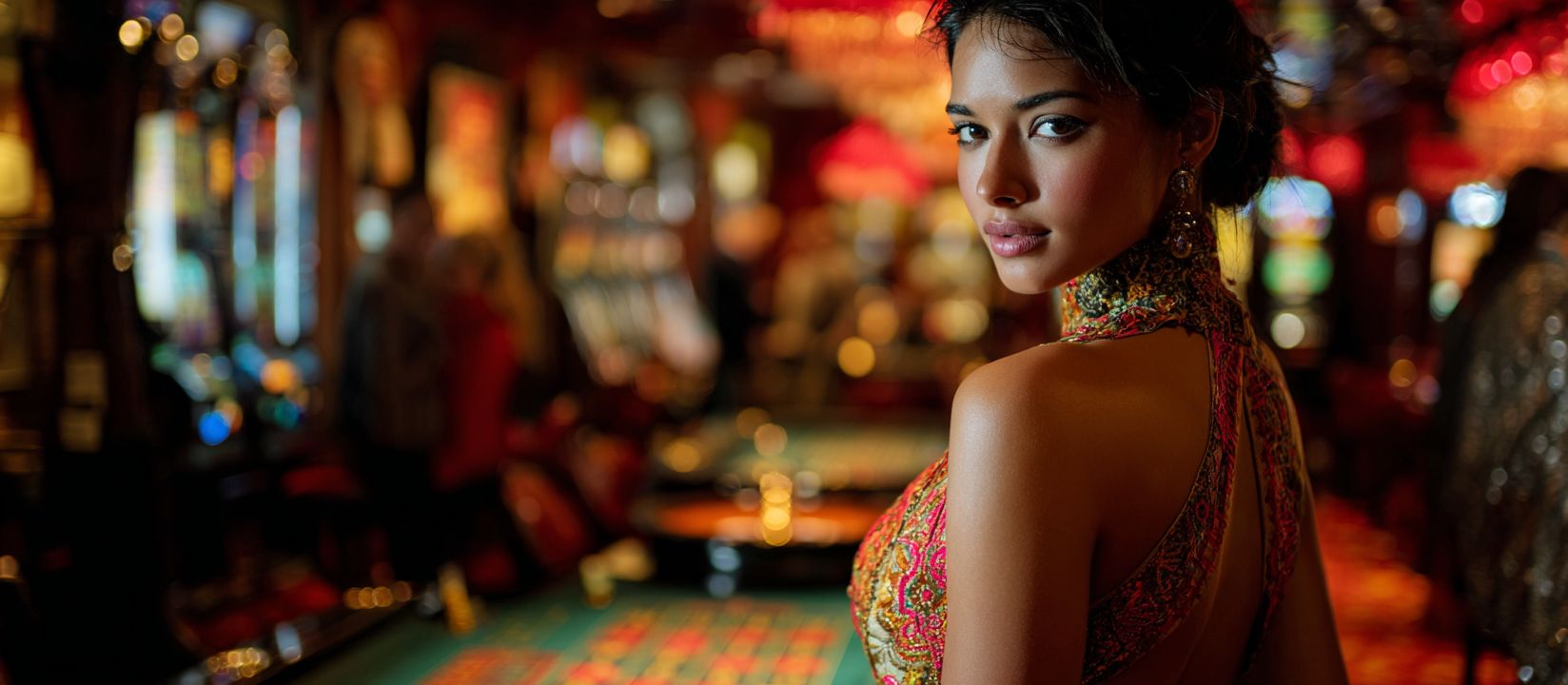 Enjoy premium casino experience at 7G777 Elegant woman standing in casino with slot machines and roulette tables at 7G777