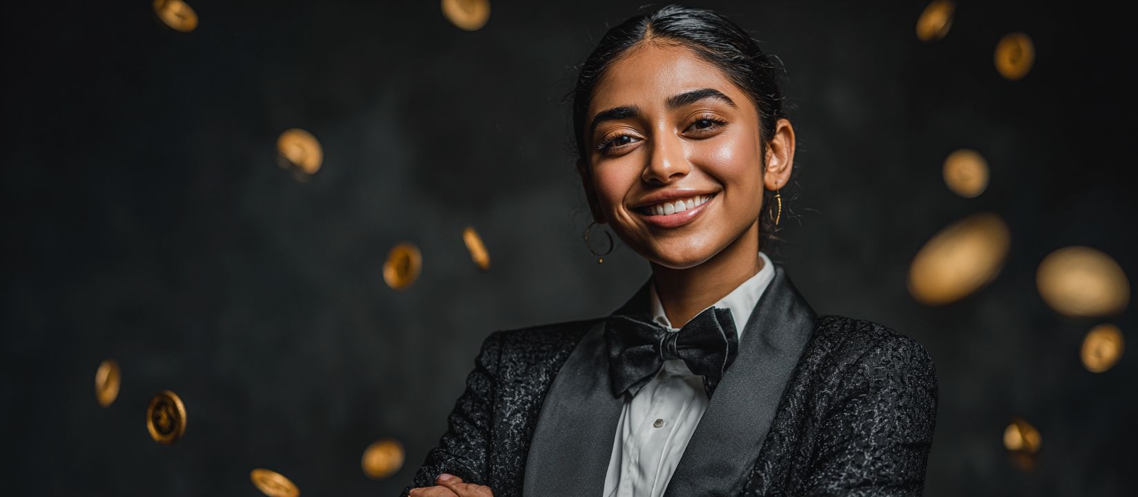 Smiling woman in tuxedo surrounded by falling gold coins at 7G777 casino