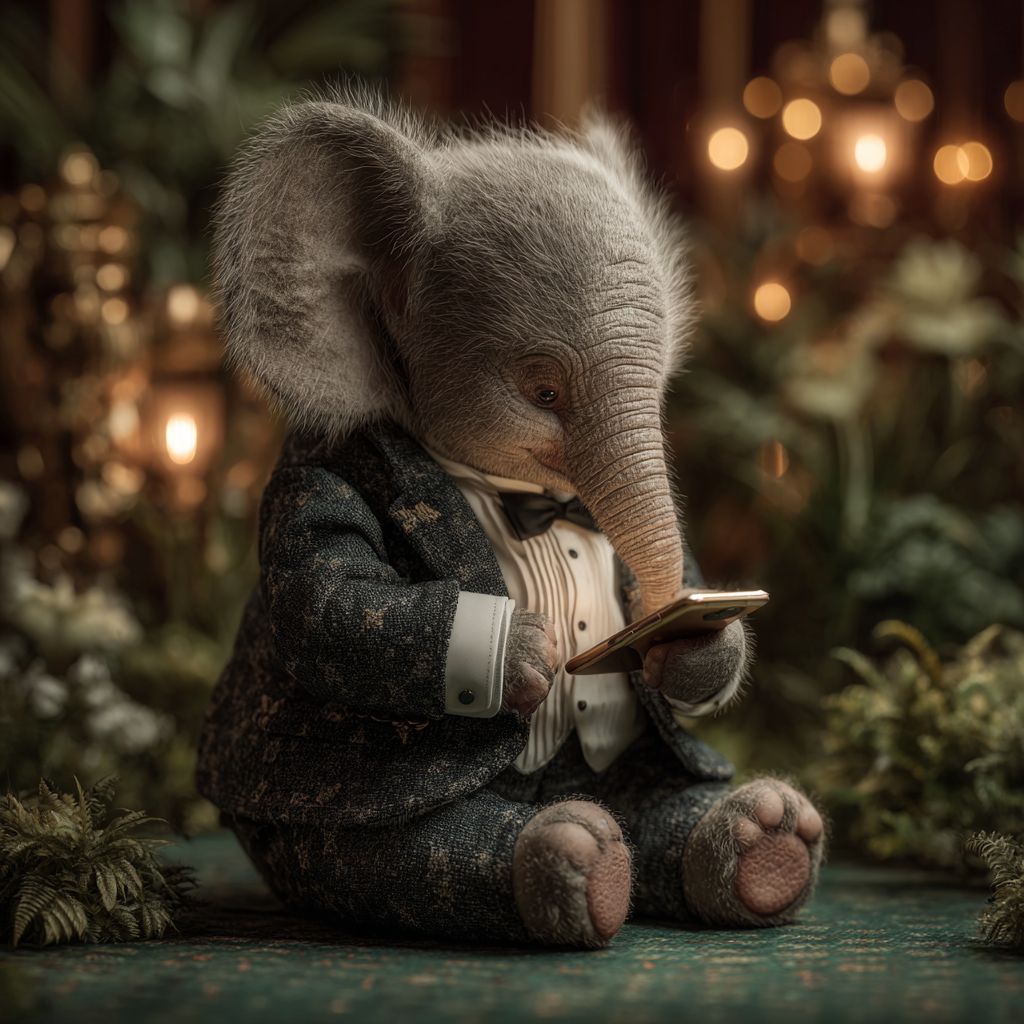 Play at 7G777 casino anywhere with our mobile app Elephant mascot of 7G777 casino in a tuxedo using smartphone