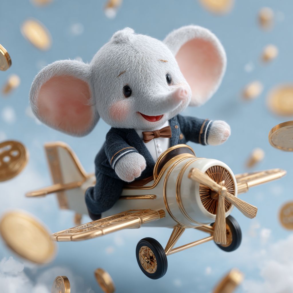 Elephant mascot of 7G777 casino flying an airplane with gold coins around