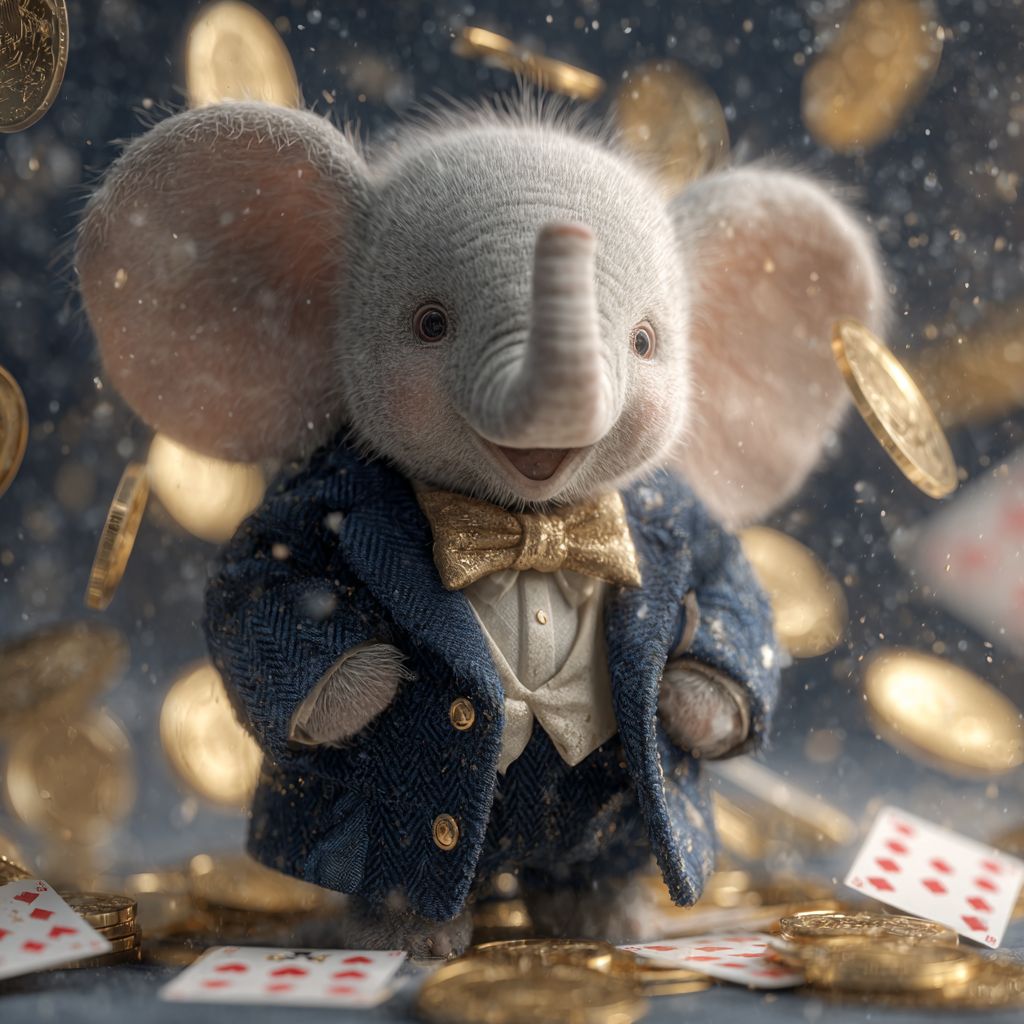 Elephant mascot of 7G777 casino surrounded by playing cards and gold coins