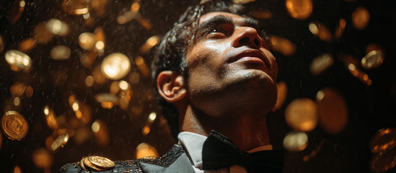 Win big and feel the glory at 7G777 casino Confident man in tuxedo surrounded by falling gold coins at 7G777 casino