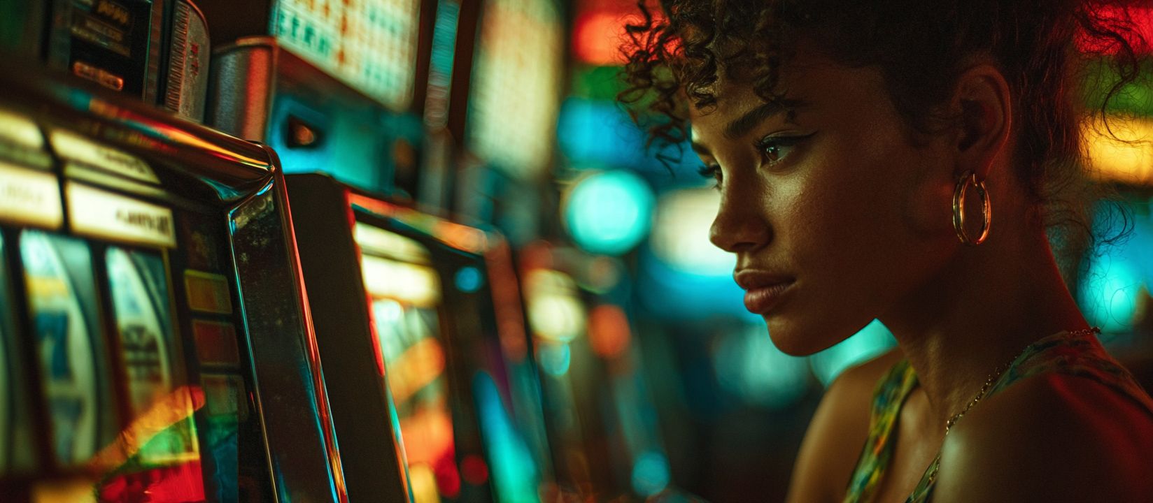 Spin the reels and win at 7G777 slots Focused woman playing slot machines at 7G777 casino